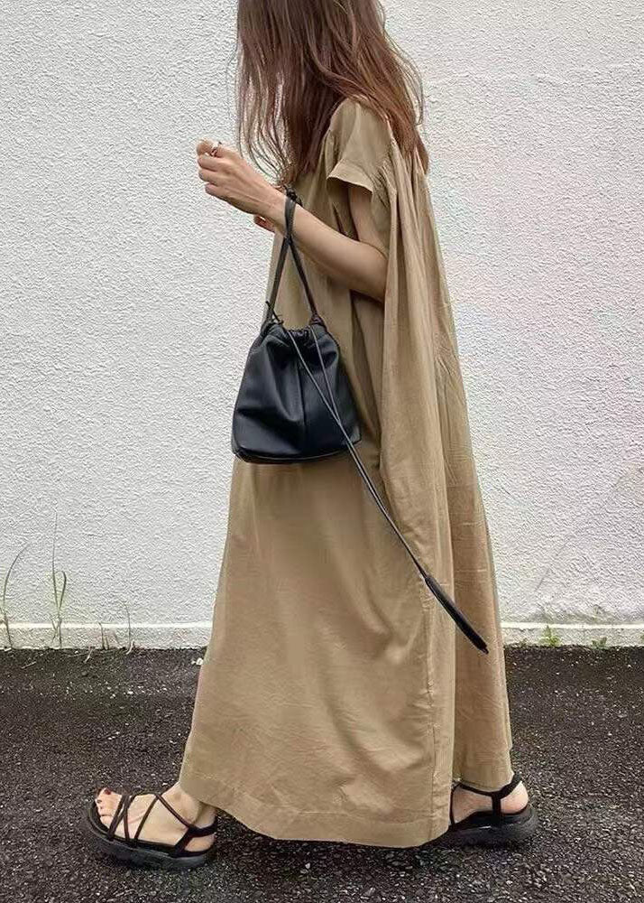 Damen einfaches Khaki Button Baumwolle langes Kleid Kurzarm