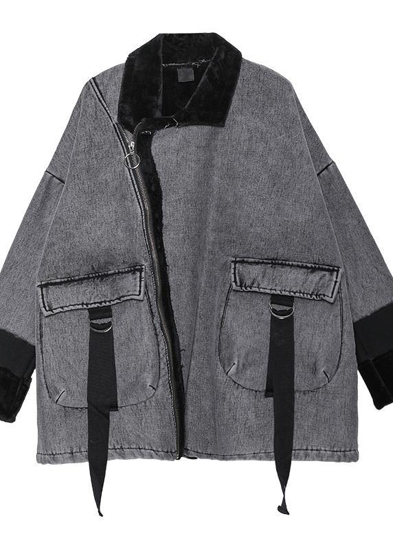 Women gray thick fine clothes For Women Sleeve zippered big pockets jackets - SooLinen