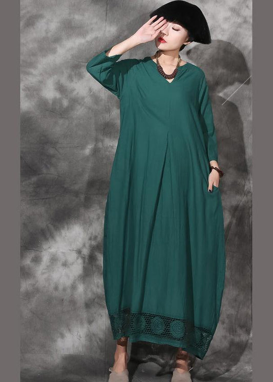 Women green bracelet sleeved cotton clothes Women v neck Dresses summer Dresses - SooLinen