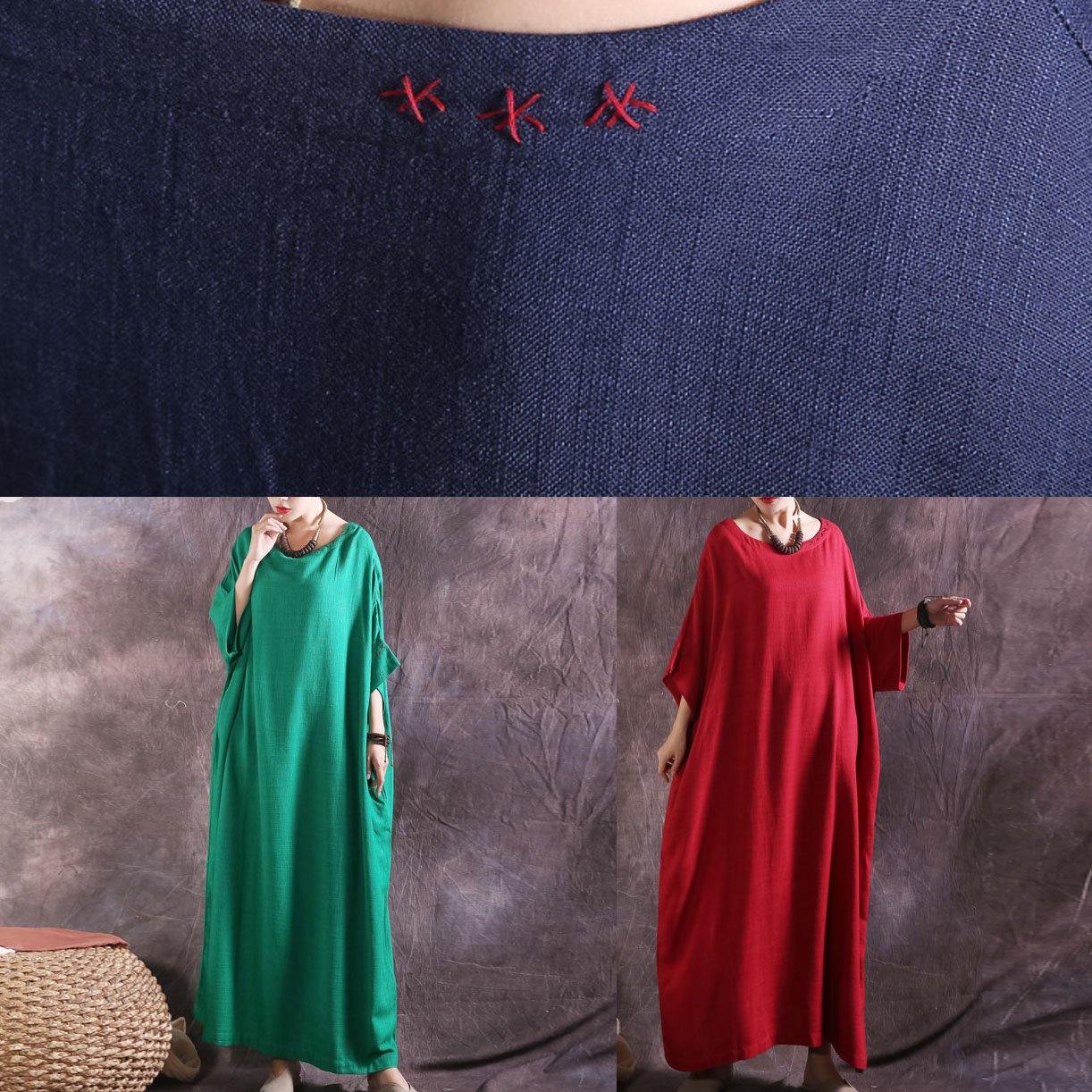 Women green linen cotton dress loose waist summer Dresses - SooLinen