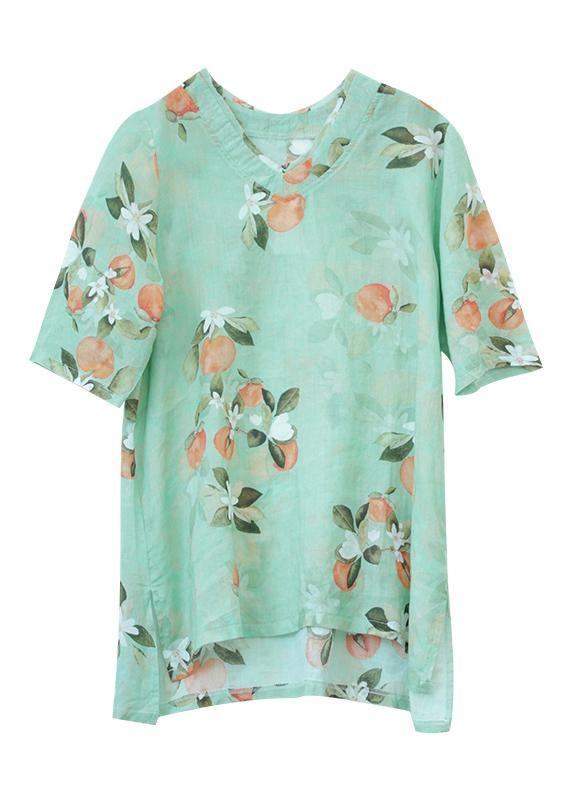 Women green print linen tunic top o neck half sleeve oversized summer shirt - SooLinen