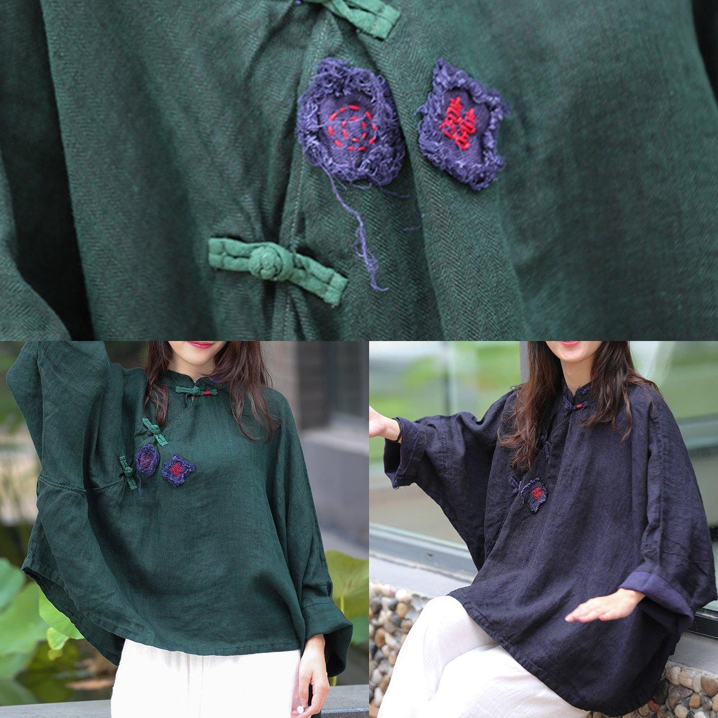 Women green top silhouette stand collar Batwing Sleeve Knee top - SooLinen