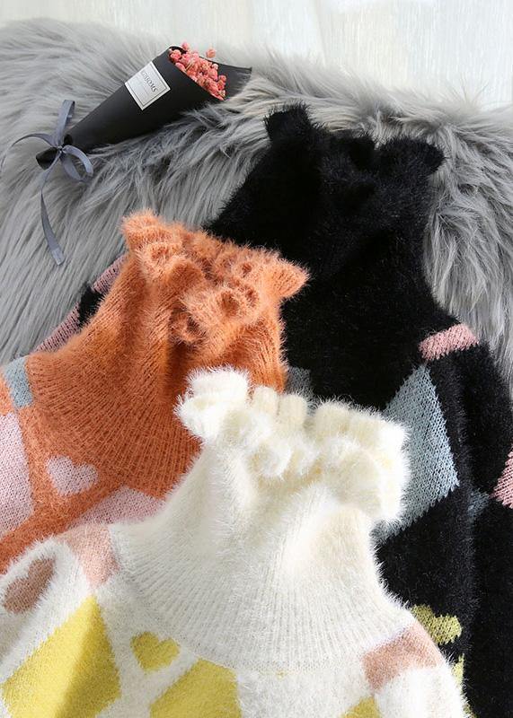 Women high neck beige knitted blouse Loose fitting Geometry knitted top - SooLinen