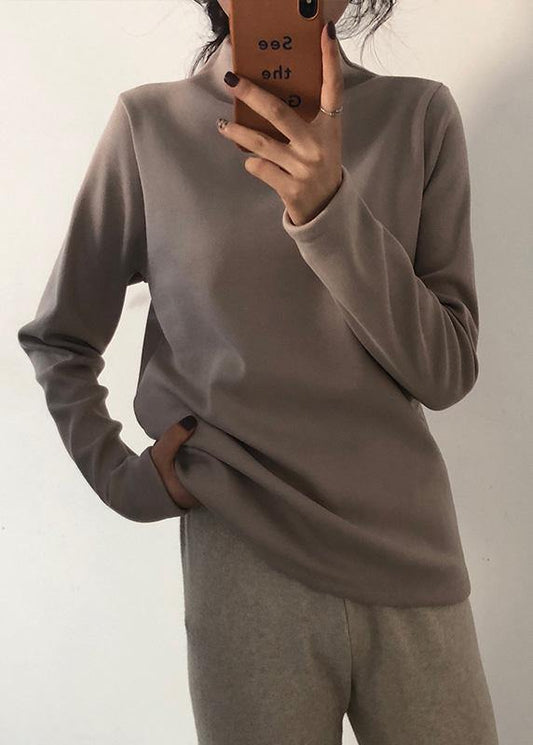 Women high neck cotton thick clothes Wardrobes black blouses - SooLinen