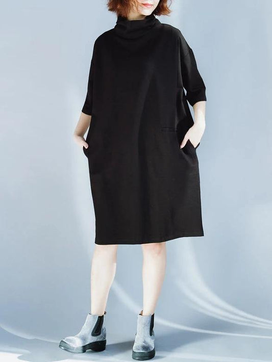 Women high neck half sleeve Cotton Tunics design black Dresses - SooLinen