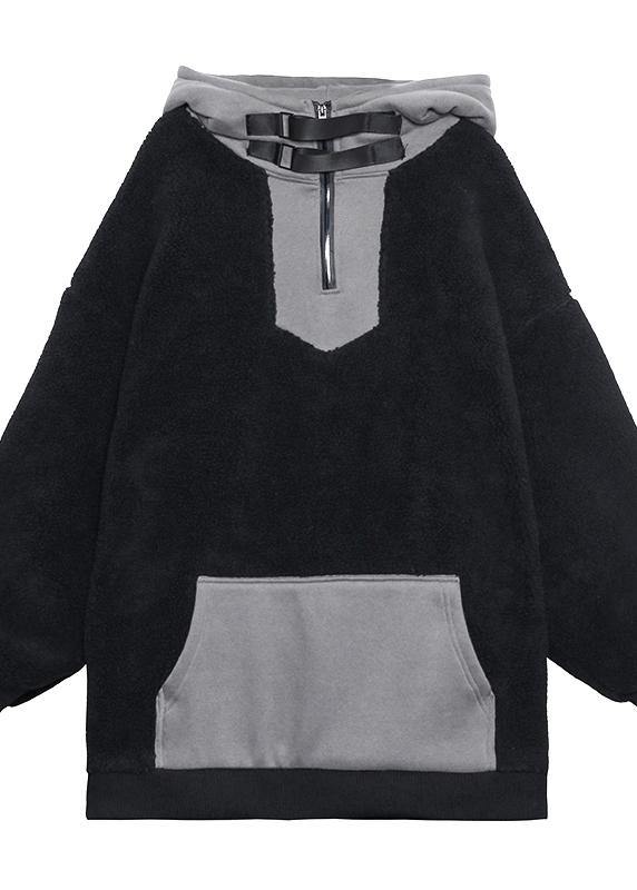 Women hooded zippered spring clothes black fuzzy wool tops - SooLinen