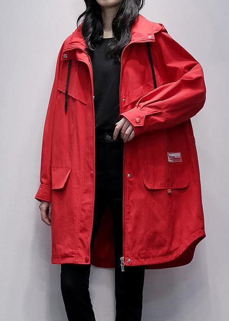 Women hooded zippered crane coats red Letter Midi outwear - SooLinen