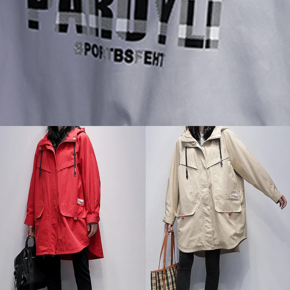 Women hooded zippered crane coats red Letter Midi outwear - SooLinen