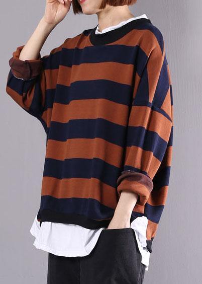Women khaki striped cotton tunics for women false two pieces daily autumn shirt - SooLinen