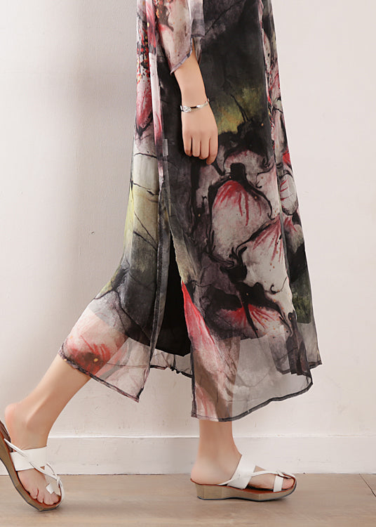 Frauen hellgrau Drucke gemischt Kleid Plus Größe Fotografie Seite offen lange Sommerkleider