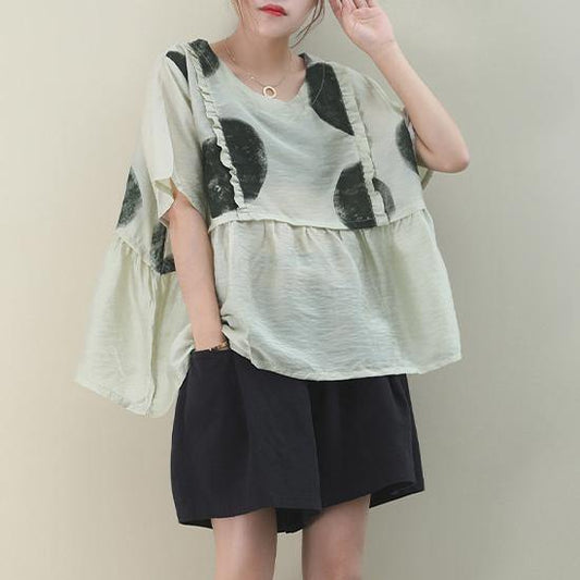 Women light green dotted cotton Blouse o neck loose summer blouse - SooLinen