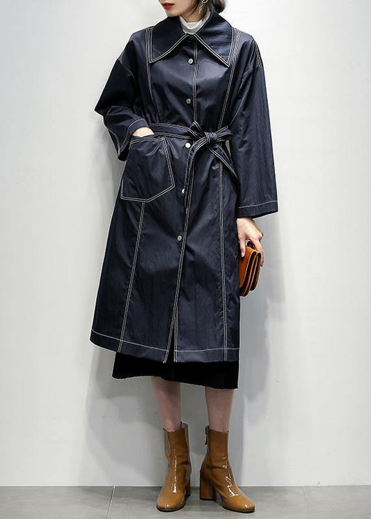 Women navy Fine coats Notched tie waist coats - SooLinen