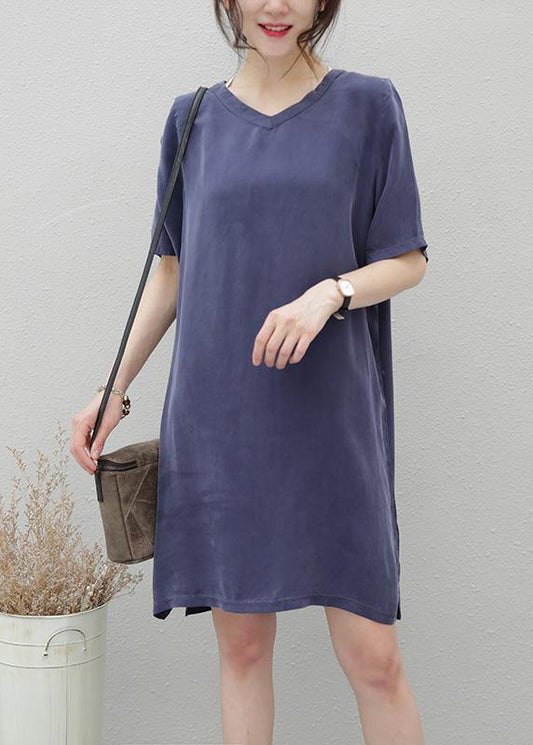 Women navy clothes For Women v neck side open loose Dresses - SooLinen