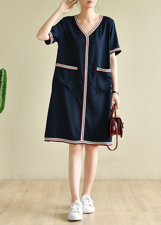 Women navy clothes Women v neck pockets baggy summer Dresses - SooLinen