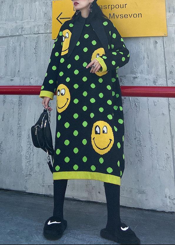 Women o neck baggy Sweater dress outfit plus size green dotted Fuzzy knitted dress - SooLinen