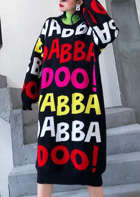 Women o neck baggy Sweater outfits Quotes black print Largo knit dresses - SooLinen