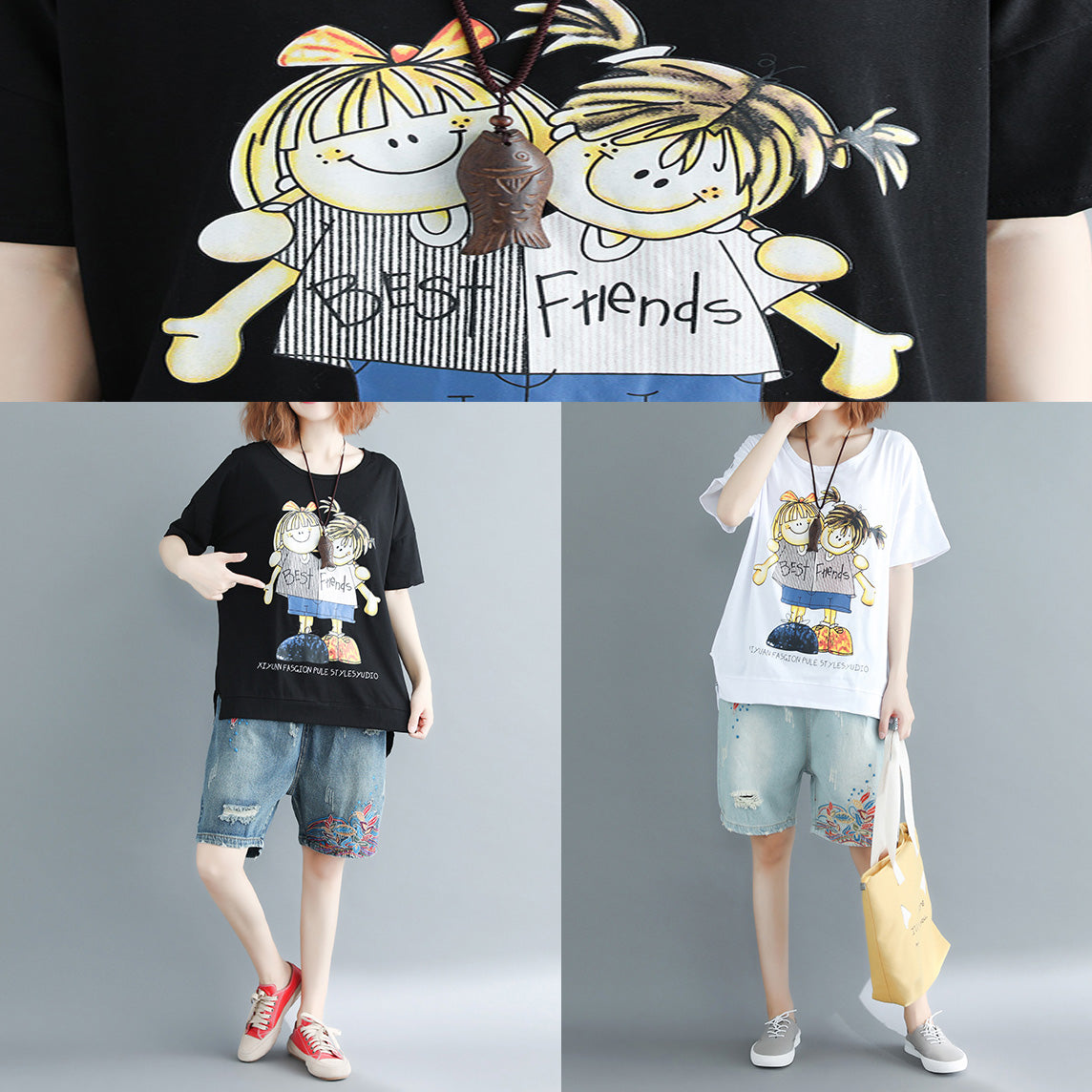 Damen O-Ausschnitt Baumwolle Lange Shirts 2019 Design weiß Print Box Tops