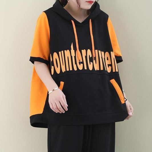 Women o neck cotton summer tunics for women Sewing orange Letter blouses - SooLinen