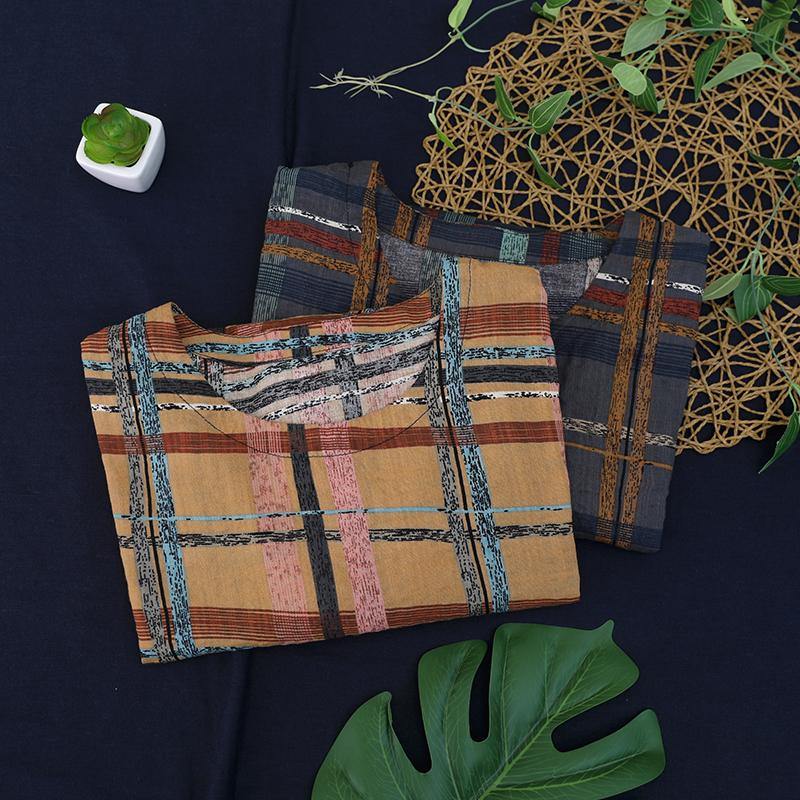 Women o neck linen summer top silhouette Fashion Ideas khaki plaid tops - SooLinen