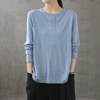 Women o neck long sleeve fall shirts pattern blue blouse - SooLinen
