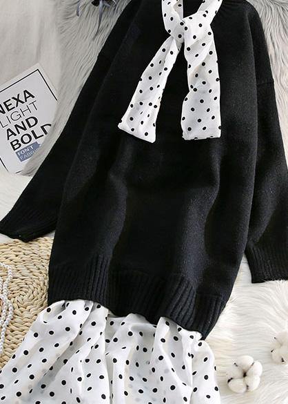 Women o neck patchwork Sweater outfits plus size blue Fuzzy sweater dresses - SooLinen