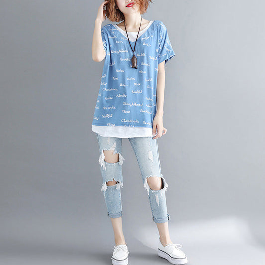 Frauen o neck patchwork baumwolle kleidung Casual Outfits blau print shirt
