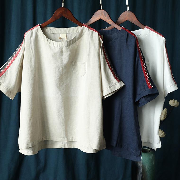 Women o neck patchwork summer tops navy Plus Size Clothing top - SooLinen