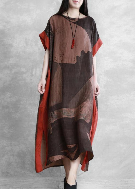 Women o neck side open summer outfit Tutorials Vintage black print Dress - SooLinen