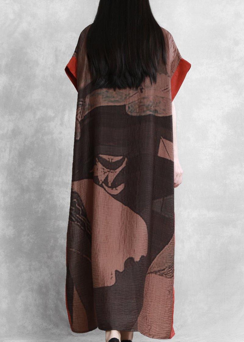 Women o neck side open summer outfit Tutorials Vintage black print Dress - SooLinen