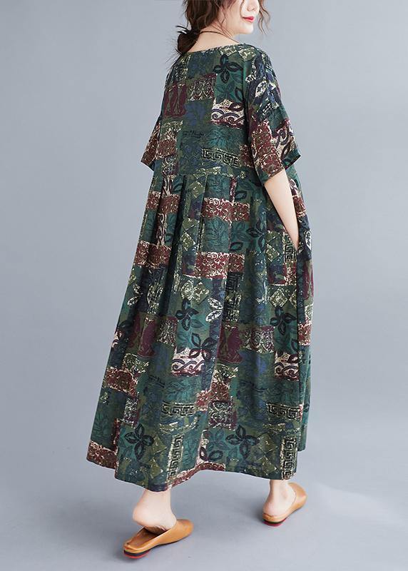 Women o neck Cinched clothes Catwalk green Plant printing Dress - SooLinen