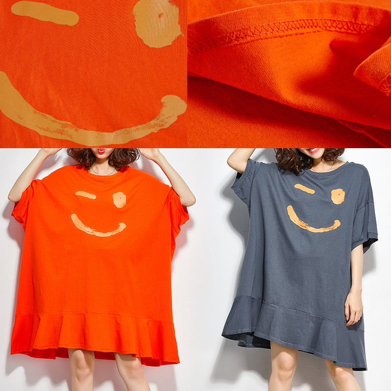 Women orange Cotton dresses Fitted Sewing o neck half sleeve Knee summer Dress