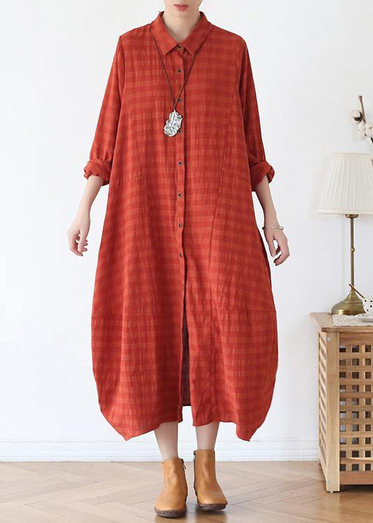 Women orange red dresses lapel Button Down Maxi fall Dress - SooLinen