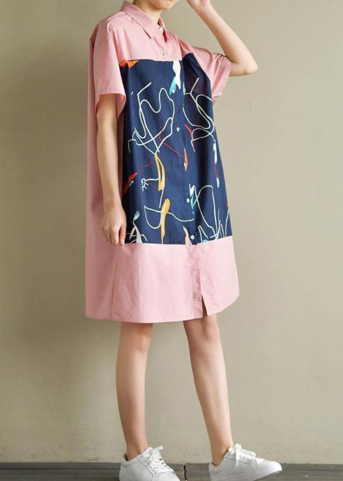 Women pink Cotton quilting clothes lapel patchwork Knee summer Dress - SooLinen