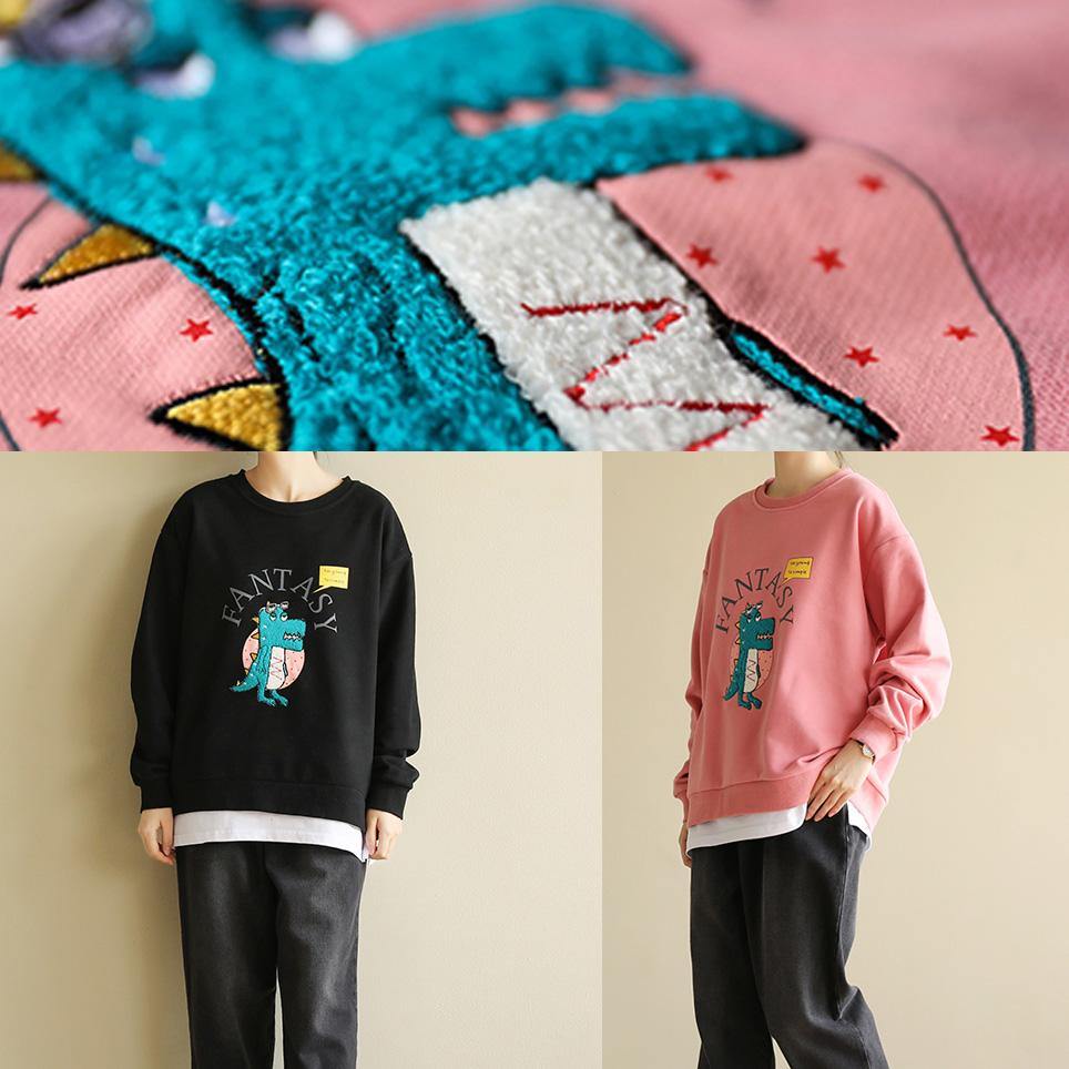 Women pink cotton linen tops women blouses Cartoon print Dresses o neck blouse - SooLinen