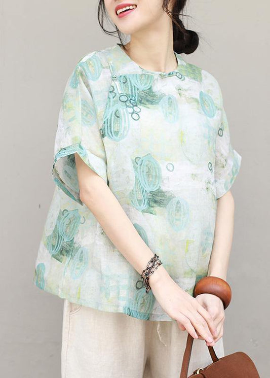 Women prints linen clothes For Women Chinese Button cotton summer blouse - SooLinen