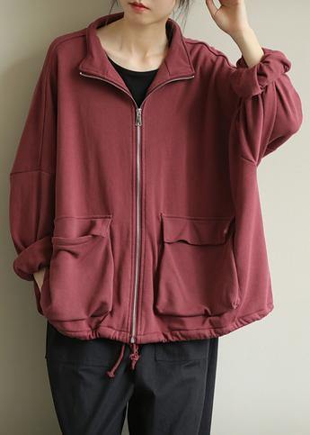 Women red fine coat for woman design stand collar zippered outwears - SooLinen