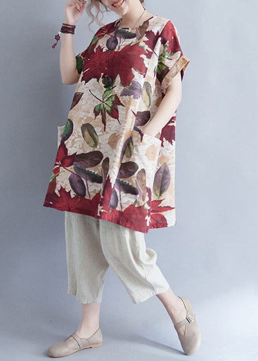 Damen Retro O-Ausschnitt Print Lose Herbst Top Kurzarm