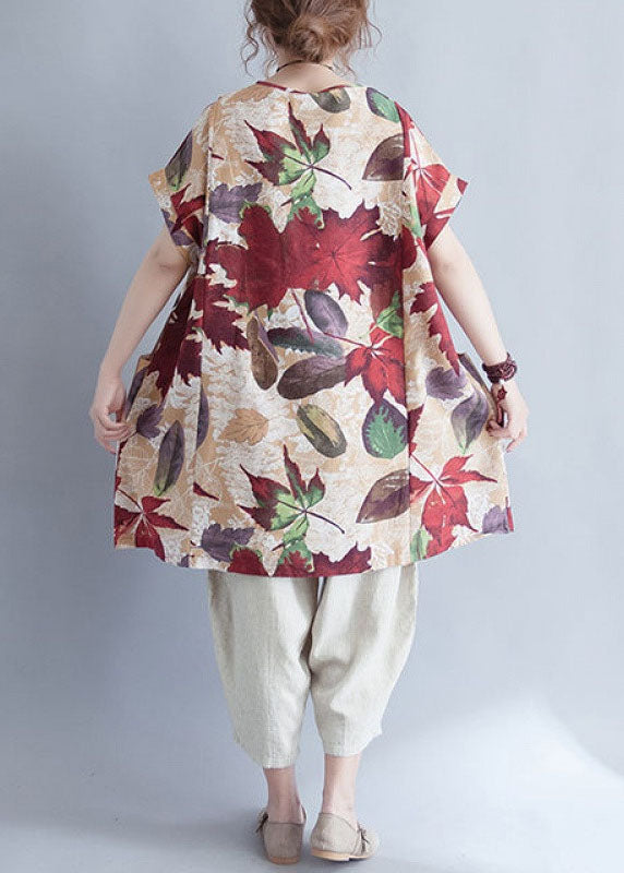 Damen Retro O-Ausschnitt Print Lose Herbst Top Kurzarm