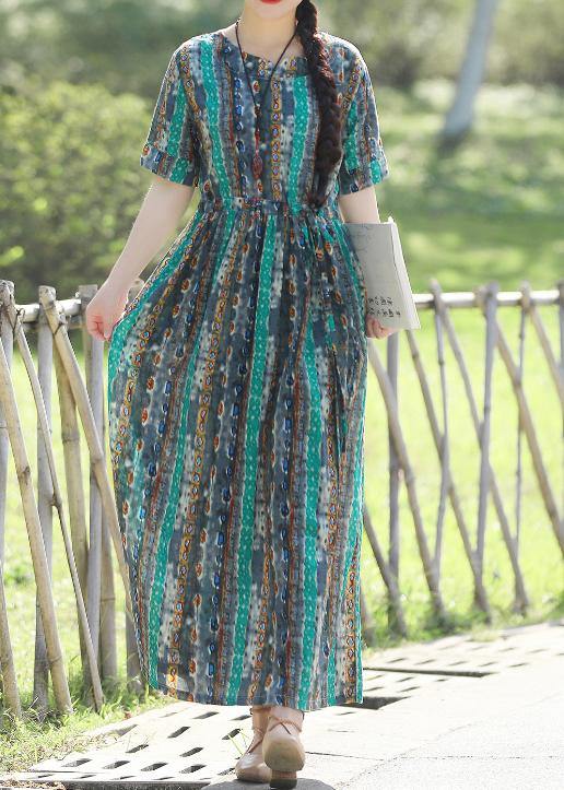 Women short sleeve linen prints dresses pattern green Traveling Dress summer - SooLinen