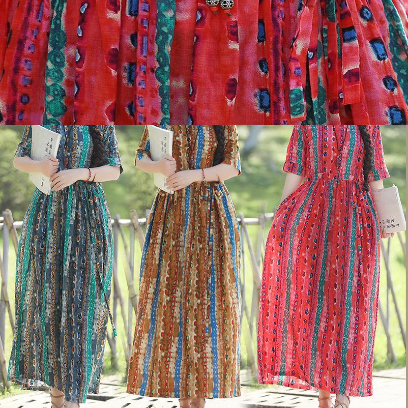 Women short sleeve linen prints dresses pattern green Traveling Dress summer - SooLinen