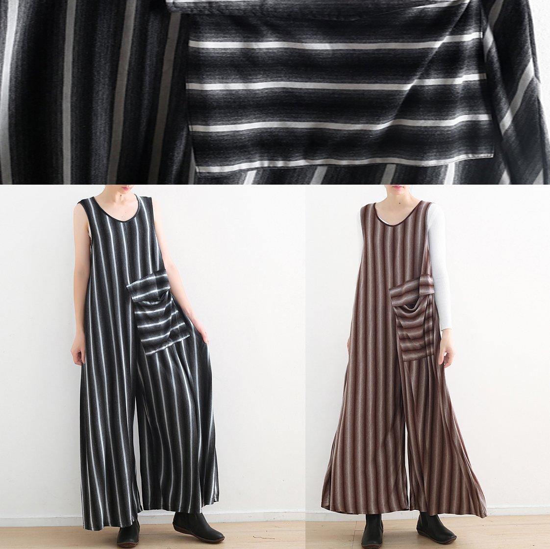 Women sleeveless big pockets cotton quilting pants Sleeveless black striped Plus Size jumpsuit pants summer - SooLinen