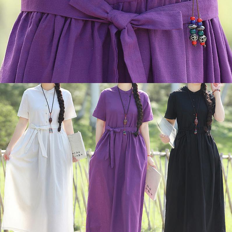 Women stand collar cotton dresses linen purple Dresses summer - SooLinen