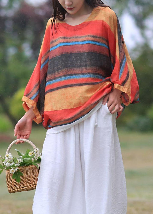 Women striped linen shirts women o neck Batwing Sleeve loose summer blouses - SooLinen