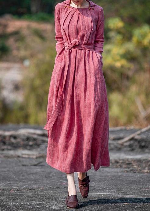 Women tie waist pockets coats red Knee coat - SooLinen