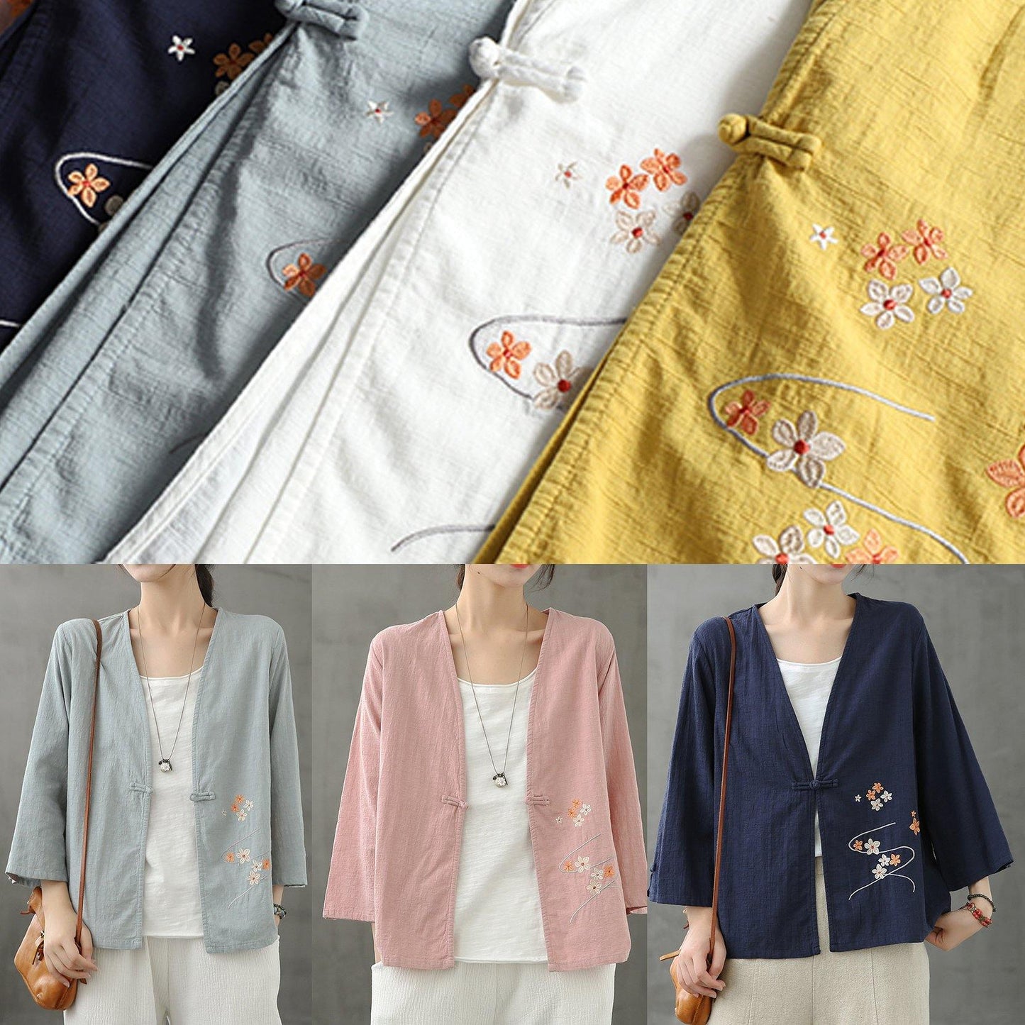 Women v neck Chinese Button tops blouses pattern yellow shirts - SooLinen