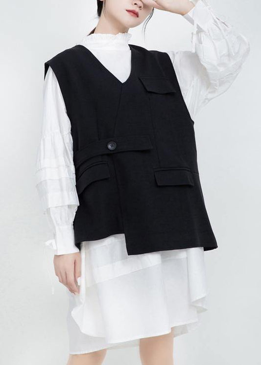 Women V Neck Fine Sleeveless Outwear Black Silhouette Women Coats - SooLinen