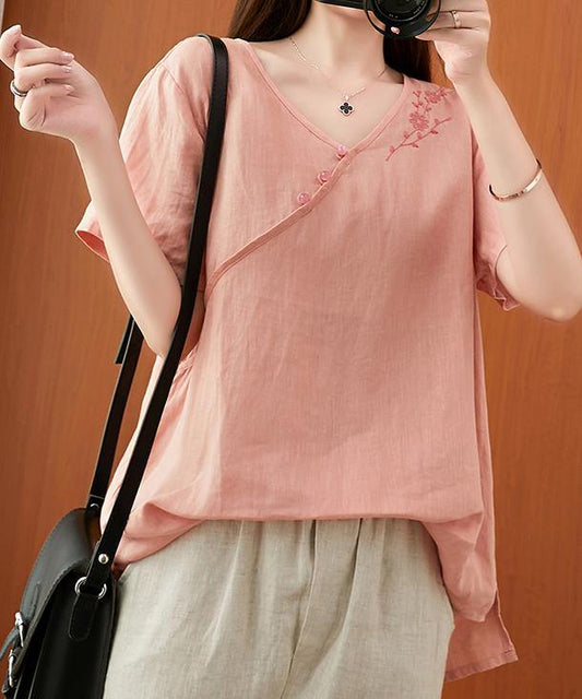 Women v neck clothes For Women Sleeve pink embroidery tops - SooLinen