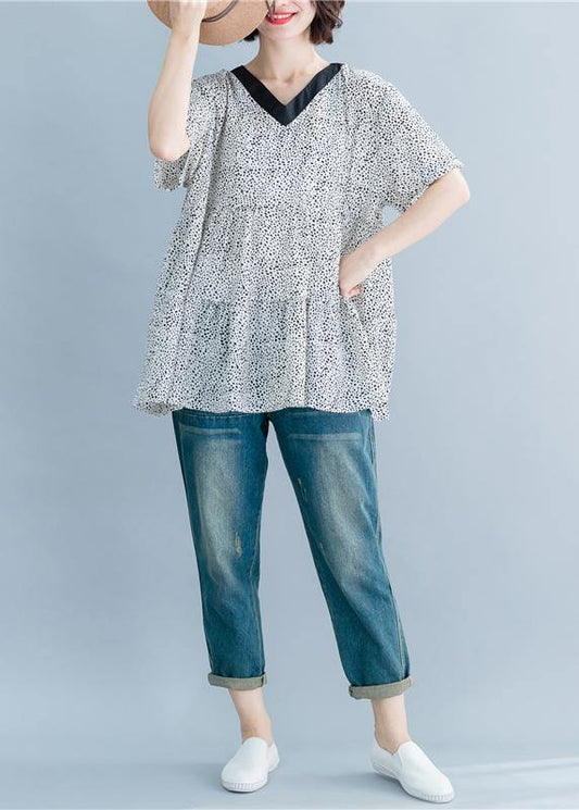 Women v neck clothes For Women Wardrobes white dotted top summer - SooLinen