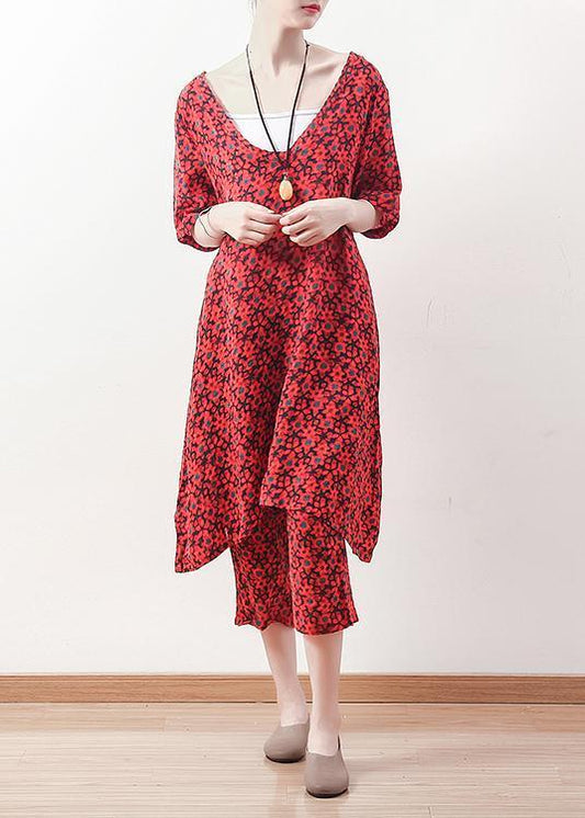 Damen V-Ausschnitt Cropped Hose Leinenkleidung Für Damen Feine Outfits Rot Blumen Plus Size Zweiteiler Sommer