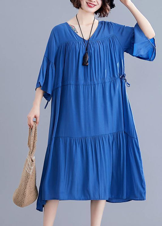 Women v neck drawstring Cotton Catwalk blue Dress summer - SooLinen